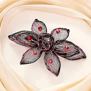 Casdre Black Flower Hair Clip Red Rhinestone Bridal Hair Piece Hair Barrette Leaf Evening Party Vintage Hair Accessories for Women and Girls