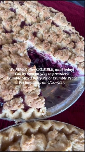 We’re offering crumble this weekend! You can pop in as of 5/23 for slices but give us a call to reserve a whole mixed berry or peach pie by end of day 5/23.~The Pie Lady #pie #dessert #crumblepie #raleigh #raleighnc #dtr #shoplocalraleigh #memorialday #memorialdayweekend #pov #yummy @ShopLocalRaleigh @visitRaleigh @The Pie Lady