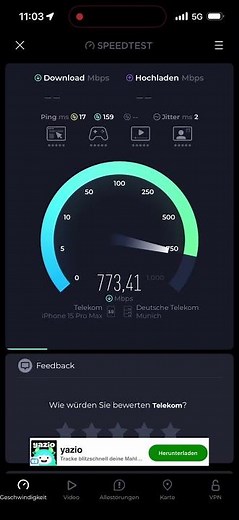 Rekord OHNE n78: 853 MBits im Telekom 5G Netz / Telekom Speedtest Leonberg / Speed Test on fire 🔥