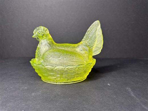 Insanely Rare Vallerysthal Vaseline Glass 6” Hen on Nest • Glows Bright Under UV • Antique French Glass Covered Dish • Repair on Base - Etsy