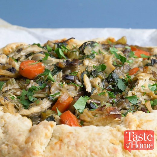 This gorgeous galette takes traditional chicken potpie on a fun open-faced spin. > Get the recipe for Chicken Potpie Galette with Cheddar-Thyme Crust: https://trib.al/oVxy1gz | Taste of Home