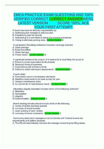 Latest CMCA PRACTICE EXAM QUESTIONS AND 100 VERIFIED CORRECT ANSWERS LATEST VERSION SCORE 100 ACE YO