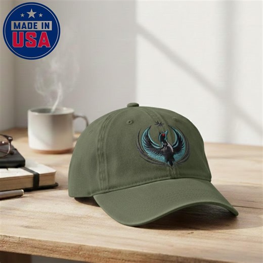 Embroidered Phoenix Dad Hat, Olive Green Baseball Cap, Unisex - Etsy
