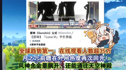 原神月之六前瞻热度回归，登顶全球趋势，在线观看人数超35万，空之执政阿斯莫代的天空神殿世界任务拉满全网玩家期待值!!!