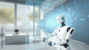 Futuristic Robot Teacher Giving Lesson to Children in High-Tech Classroom. Video.