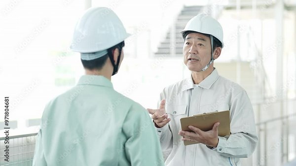現場で打ち合わせをするヘルメットを着用した作業員