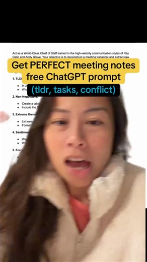 Sabrina Ramonov 🍄 | Plug this prompt into your meeting notes automation! Perfect meeting notes every time with this ChatGPT prompt. You can use it with any LLM... | Instagram