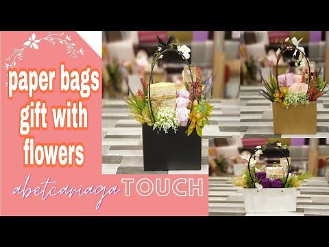 simple flower arrangement in paper bags with gift;DIY paperbags gift.
