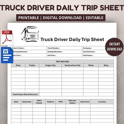 Truck Driver Daily Trip Sheet Template. Editable Truck Log Form - Etsy