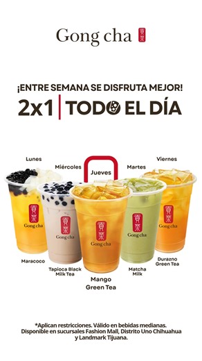 ¡Al doble es mejor!🧋💖 Disfruta de lunes a viernes nuestra promoción 2x1 en bebidas seleccionadas. Pregunta en caja por la promoción ¡y disfruta!🥳 Válido en sucursales Landmark Tijuana, Fashion Mall y Distrito Uno Chihuahua. | Gong Cha México