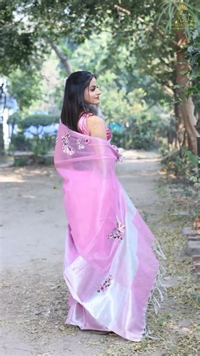Dhaga Tales on Instagram: "✨ Tarunee ✨ Draped in a tender pink hue, this saree radiates grace, charm, and timeless femininity. 🌸✨ ✨ Saree Fabric: Pure linen Banarasi tissue cloth with a shimmering silver border ✨ Color: Pink ✨ Saree Length: 5.5 meters | Width: 44” ✨ Blouse: Hand-embroidered with delicate Butterfly Motifs on the palla, front, and blouse ( Length 80 cm ) 🚨 Note: The blouse shown in the picture is different — actual blouse comes with full hand embroidery as mentioned 🚨 ✨ Handcra