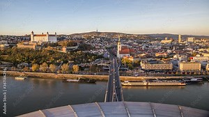 Bratislava, Slovakia - Panoramic View with the Castle and Old Town as Seen from Observation Deck. Time Lapse.