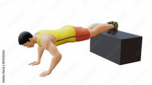 Man Character doing Decline Push-up. Chest workout in 3d animation and illustration. Perfect for fitness themed productions, diet plans, weight loss training, Decline Push Up exercise. 3D Render
