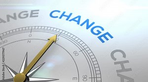 Compass with the text CHANGE right path, concept video for good direction white shiny background