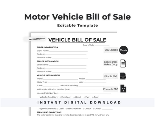 Motor Vehicle Bill of Sale Template. Auto Transfer Agreement Form. Editable, Fillable PDF. Canva & Google Docs Printable Car Contract File - Etsy Israel