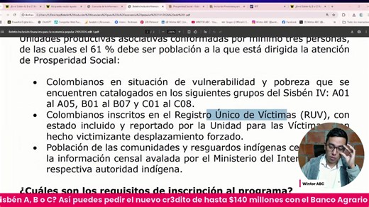 ¿En el Sisbén A, B o C? Así puedes pedir el nuevo cr3dito de hasta 140 millones con el Banco Agrario - Formulario de Inscripción: https://wintorabc.com.co/subsidios/creditos-para-sisben-a-b-o-c/ El programa de Inclusión Financiera para la Economía Popular es una alianza entre el Departamento para la Prosperidad Social, el Banco Agrario y el Fondo Nacional de Garantías (FNG). Bajo la dirección de Mauricio Rodríguez Amaya, el programa busca mejorar la calidad de vida de quienes mueven la economía 