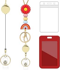 Retractable Lanyard ID Badge Holder - Cute Rainbow Flower Retractable ID Badge Holder with Silicone Beaded Keys Keychain Breakaway Lanyard for Women Teachers Gifts