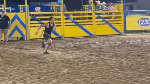 Thrills and laughter as bungee cord pullbacks lead to hilarious fails in rodeo arena