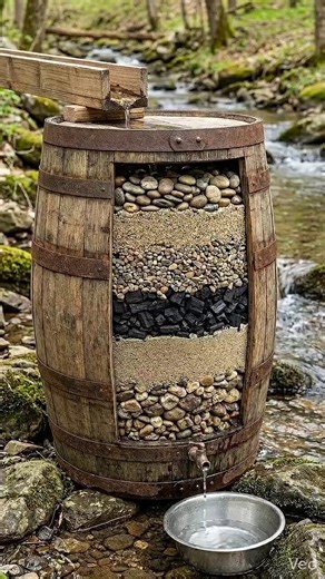 Basit ve doğal bir su filtresi nasıl çalışır? 1. Küçük Çakıl Taşları (En Üst Katman): Su ilk bu aşamadan geçer. Büyük dallar, yapraklar veya tortular bu taşlar tarafından engellenir. 2. Kaba Kum ve Çakıl: Daha alt katmanlara indikçe, çamur ve tortu gibi daha küçük parçacıklar bu yoğun kum ve küçük taş katmanında hapsolur. 3. Aktif Kömür: Bu katman, filtrenin en kritik parçalarından biridir. Kömür; sudaki kimyasalları, kötü kokuları ve bazı toksinleri emer. 4. İnce Kum: Kömürden geçen su, en ince