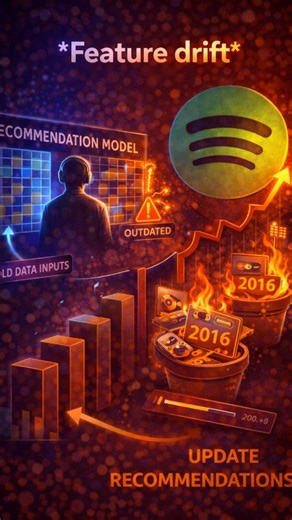 Databytes on Instagram: "Feature drift happens when user behavior patterns change over time so the features your model learned from old data stop matching today’s reality. Like @spotify suddenly seeing 2016 songs explode again, yesterday’s listening signals fail today, forcing fast updates in recommendations before the model goes out of sync. [feature drift, data drift, concept drift, changing user behavior, spotify 2016 songs trend, recommendation system, model monitoring, retraining, real time