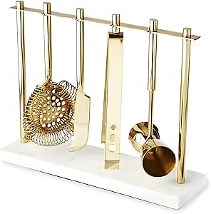Twine Bar Tool Set Includes Hawthorne Strainer, Citrus Knife, Ice Tongs, Double Jigger with Marble Display Stand for Classic Cocktails and Cold Brew Drinks, Home Bar Cart Accessories, 4-Piece, Gold