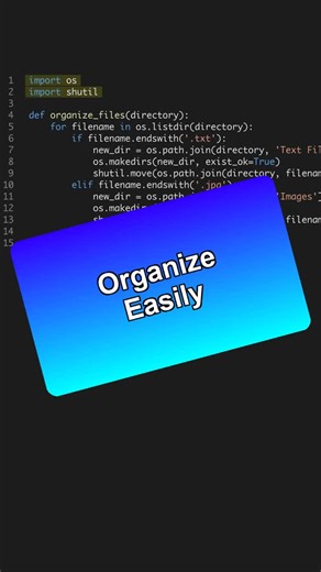 VornixLabs on Instagram: "Stop struggling with file management 🛑 Here is the cleaner way to handle it in Python. 💡 Use Python to automate sorting files by type. #pythondeveloper #codingtips #pythonprogramming #softwareengineering #automation --- Get the Python for AI course + 6 projects at the link in bio. 🐍"