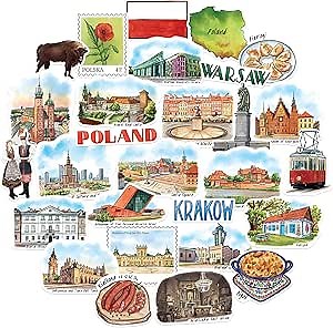 Navy Peony Peaceful Poland Travel Stickers (28pcs) - Die-Cut, Watercolor, Warsaw Polish-Themed Vacation Decals for Scrapbooks, Journals, Tumblers