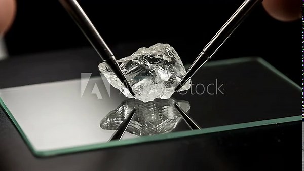 Close-up video of an uncut, raw diamond being examined on a glass surface, showing its natural