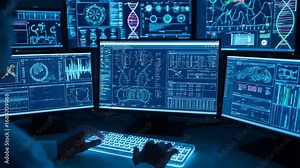 Advanced scientific research and genetic data analysis on multiple high-tech computer screens