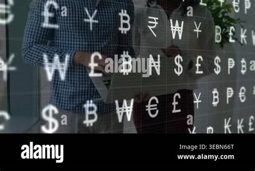 finance team collaborating in office, sharing laptop screen while featuring floating currency icons. Technology, teamwork, innovation, finance, digital, corporate, professional Stock Video Footage - Alamy