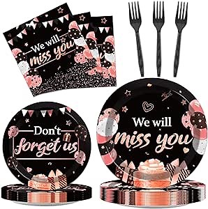 96pcs We Will Miss You Party Paper Plate and Napkin Farewell Party Decorations Going Away Party Disposable Dinner Tableware Black and Pink Goodbye Party Supplies for Leaving Retirement Party 24 Guests