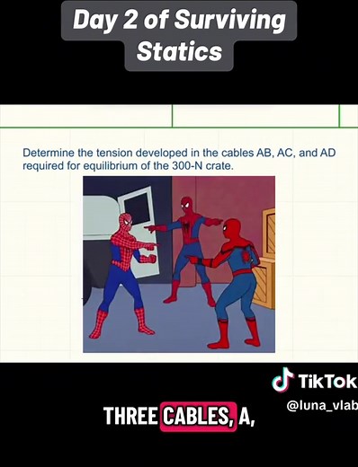 Day 2 of surviving statics 📦📚 Suspending a crate with three cables using 3D vectors, unit vectors, and force equilibrium to determine tension 📝 Real engineering knowledge for statics and mechanical engineering fundamentals 🙌 Save this for later and follow along for more statics ⚙️ #engineeringstudent #engineeringmajor #homeworkhelp #edutok #tiktoklearningcampaign