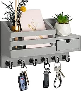 FifthQuarter Key and Mail Holder for Wall, Mail Organizer Wall Mount with 6 Hooks and Storage Drawer, Easy Installation Key Rack for Entryway and Home Decor (A-Grey)