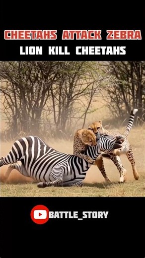Two cheetahs attack a zebra,it cries for help‼️then a lion rushes in,kills the cheetahs,and saves it