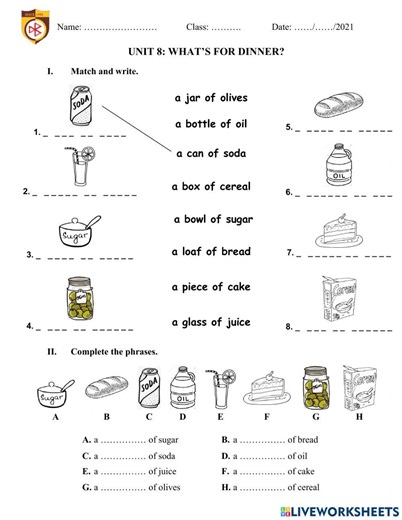Quantities of food worksheet