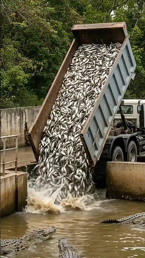 Huge 5T Dump Truck Dumps Full Load of Fish into Crocodile Canal! #dumptruck #fish