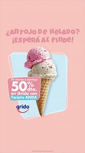 🍦 El finde está cerca... y llega con descuentos! Con tu tarjeta de crédito ANDA disfrutá de un 50% de descuento en Grido de viernes a domingo. ¡Si no tenés tu tarjeta aún, solicitala sin costo en nuestras sucursales y no te pierdas esta promo! | ANDA