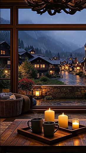 10 Hours Cozy Fireplace & Heavy Rain Sounds in Alpine Chalet 🌧️ Gentle Thunder for Sleep or Study 4K