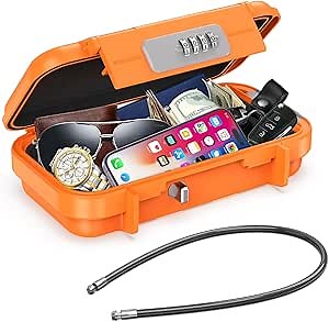 AMIR Portable Combination Lock Box, Security Case Lock Box with Code, Waterproof Anti-Theft Mini Travel Safe Box with Removable Chain, Portable Lock Box for Dorm Beach Hotel