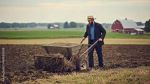 Amish Man Plowing Field With Wheelbarrow Near Red Barn And Green Landscape Under Cloudy Sky