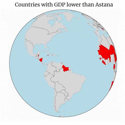 This animated globe compares Astana’s economy with the rest of the world. In 2024, Astana city generated 29 billion USD (that's around 11.5% of Kazakhstan’s total GDP). That’s more than the entire economies of 73 UN member nations. Source: https://www.linkedin.com/posts/nurasyl-abdrazakuly_hireme-datascientist-analyst-activity-7361371809943896065-17Hg/ | Simon shows you maps