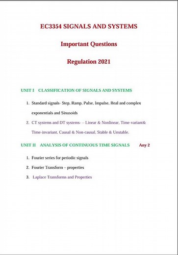 EC3354 Signals and Systems Important Questions #r21 #exam #annauniversity