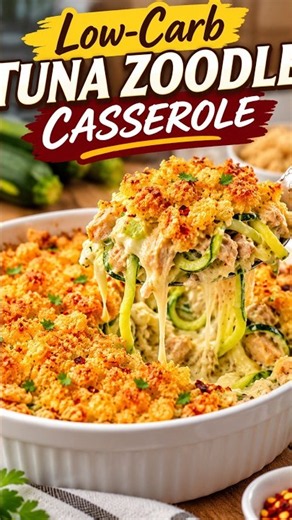 Low-Carb Tuna Zoodle Casserole with Crispy Pork Rind Crust