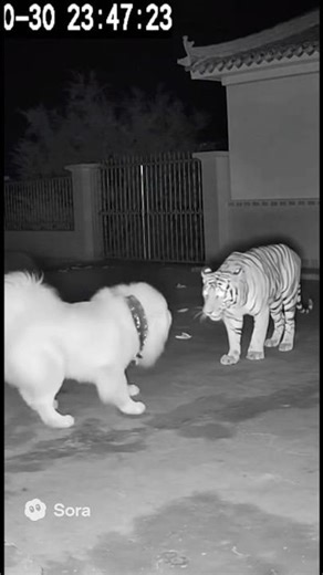 Tiger meets the ultimate guard dog! Tense nighttime standoff! 🐕🐅 #tiger #tibetanmastiff #dog