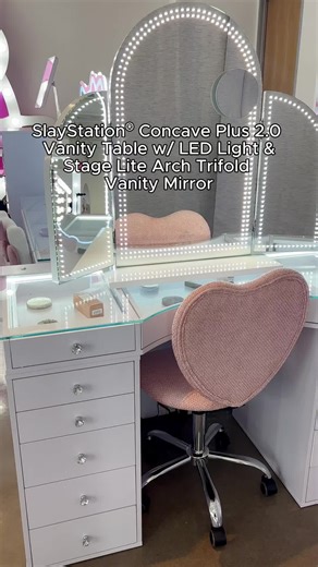 Meet the ultimate glow duo: the Stage Lite Arch Trifold Vanity Mirror   SlayStation® Concave Plus 2.0 Vanity Table 💡💄 with a sleek curved design, 3 tone lighting and luxe vibes, this pair is giving main character energy ✨