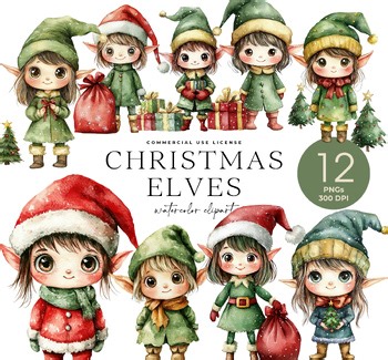 Cute Christmas Elves Clipart, Santas Little Helper, Festive Holiday Elf