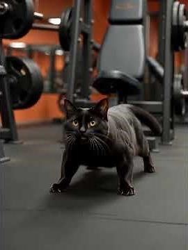 A strong black cat does fun pushups in the gym, showing cute fitness and an entertaining workout#cut