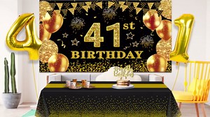 41st Birthday Decorations Men Women with 41st Birthday Banner, Black and Gold Table Cloth, Number Balloons, Large Sash, Cake Topper and Candles