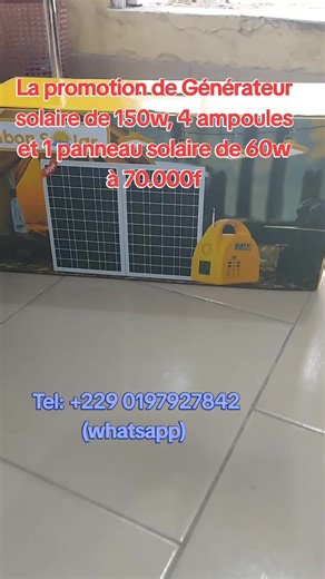 #😁😁😁 Le Générateur solaire de 150w composé avec une batterie lithium de 154wh intégré. Ceci permet de générer un courent électrique de 220v capable de supporter télé, ventilateurs, ordinateur, ampoules et génère égales un courent de 12V pour alimenter télé 12V, ventilateurs 12V et ampoules 12V et peut être rechargé avec son panneau solaire de 60w ou sur le courent électrique grâce à son chargeur. Ceci doté d'un oufeur à radio et Bluetooth et d'une durée de vie de 10 ans et 2 mois de garantie.