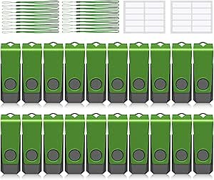 1GB USB Flash Drive 20 Pack AGECASH USB 2.0 Thumb Flash Drives Bulk Green Swivel 1GB USB Memory Stick Zip Jump Drive Multipack Pendrive with Labels & Lanyards